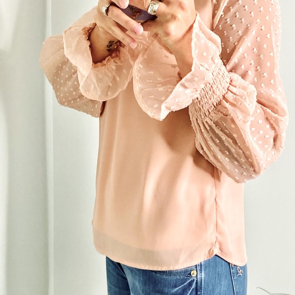 Japna pink mock neck long sleeve blouse with sheer detailed sleeves size small - Picture 5 of 9